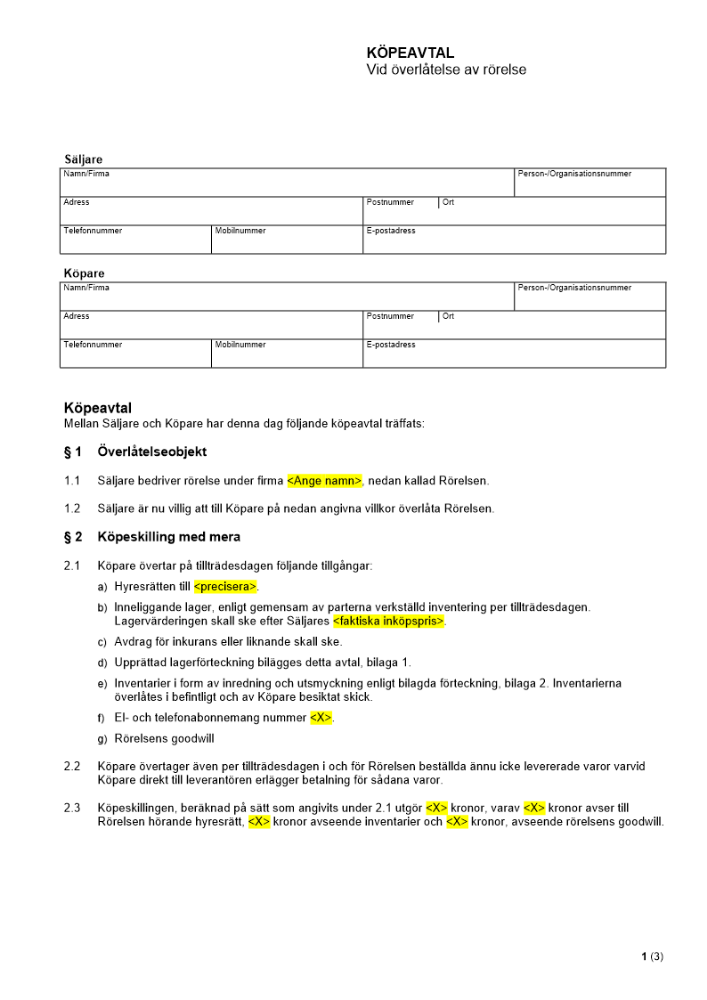 Köpeavtal - Vid överlåtelse av rörelse