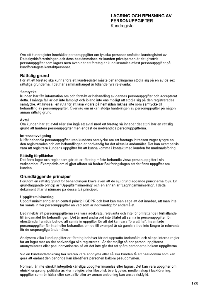 Lagring och rensning av personuppgifter - Kundregister