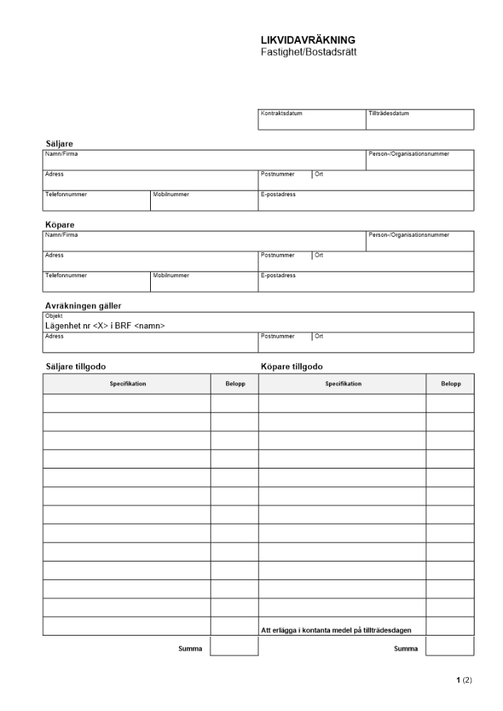 Likvidavräkning - Fastighet Bostadsrätt (variant)