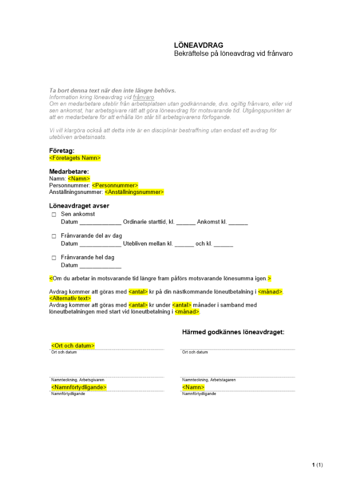 Löneavdrag - bekräftelse på löneavdrag vid frånvaro