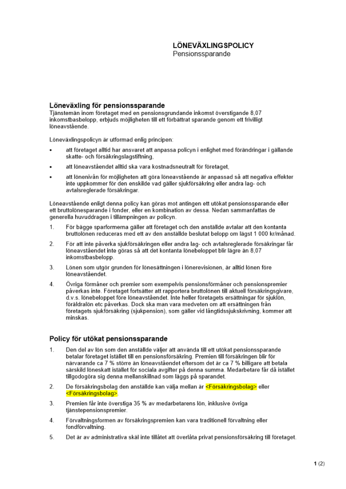 Löneväxlingspolicy - Pensionssparande