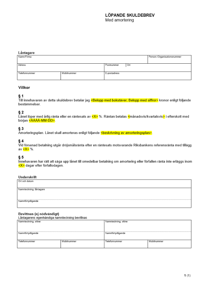 Löpande skuldebrev - Med amortering
