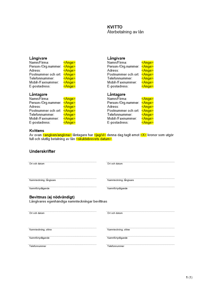 Kvitto - Återbetalning av lån (mall)