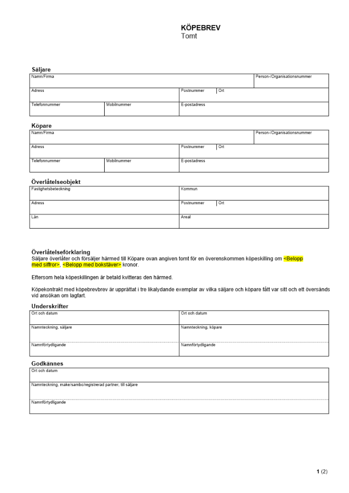 Köpekontrakt - Tomt