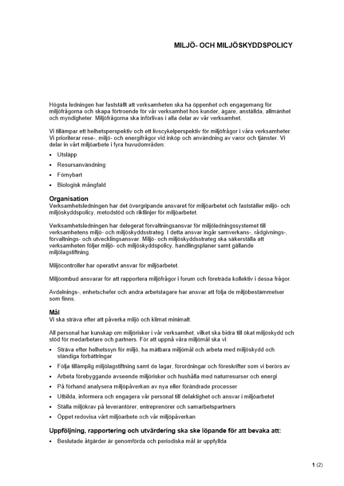 Miljö- och miljöskyddspolicy