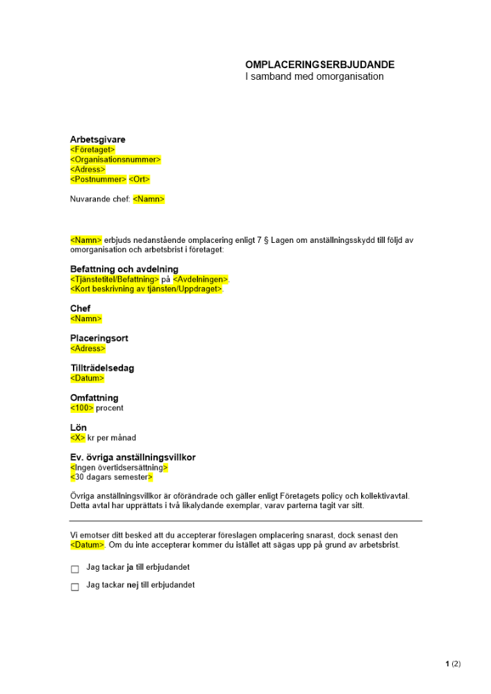 Omplaceringserbjudande - I samband med omorganisation