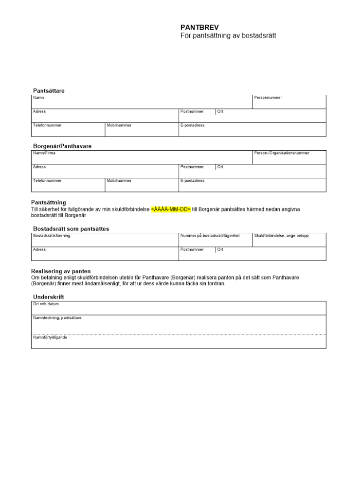 Pantbrev - För pantsättning av bostadsrätt