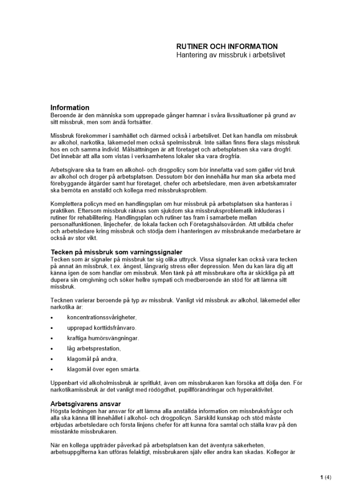 Rutiner och information för hantering av missbruk i arbetslivet