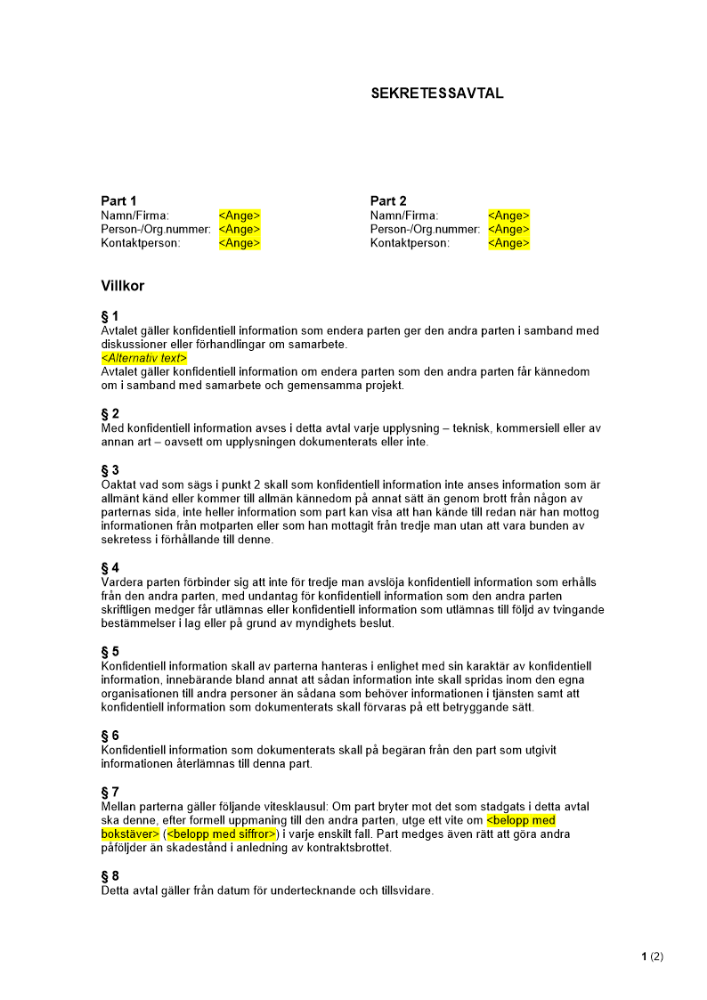 Sekretessavtal - Med vitesklausul