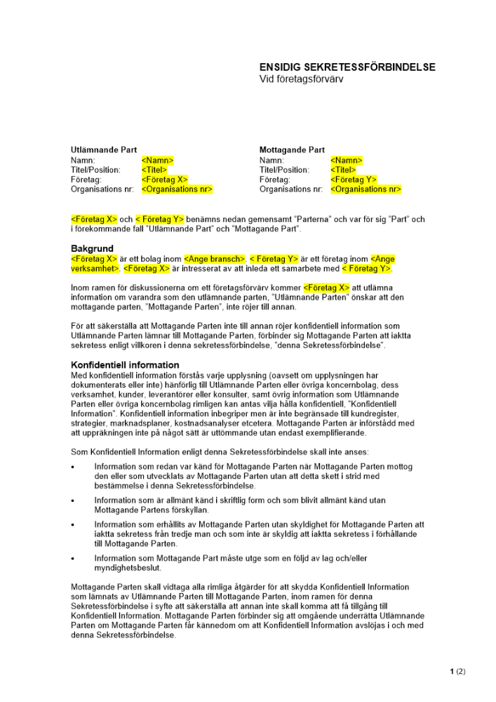 Sekretessavtal - Vid företagsförvärv (ensidig)