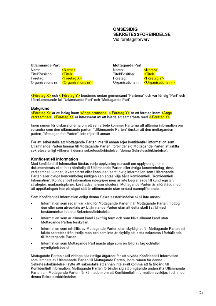 Sekretessavtal - Vid företagsförvärv (ömsesidig)