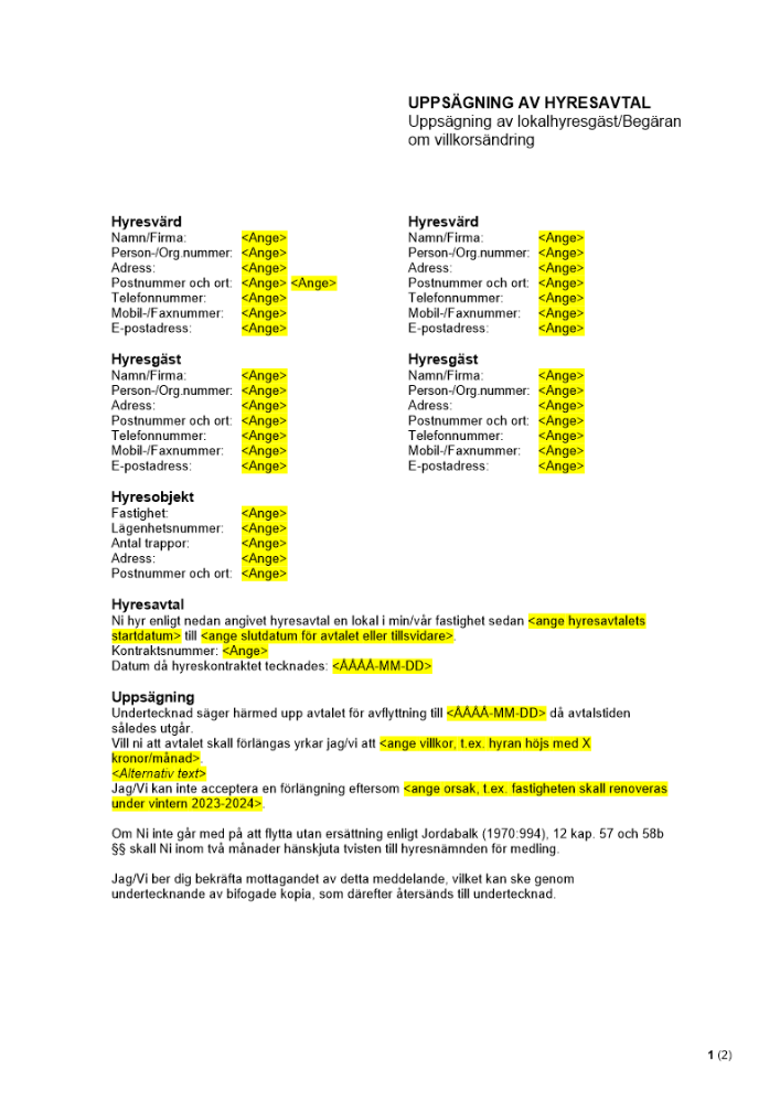 Uppsägning av lokalhyresgäst - Begäran om villkorsändring