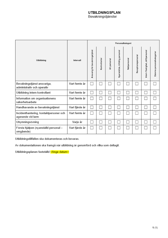 Utbildningsplan - Bevakningstjänster