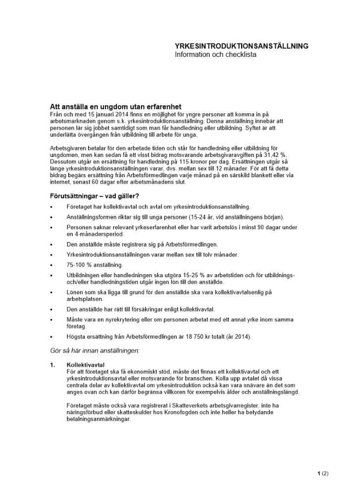 Yrkesintroduktionsanställning - Information och checklista