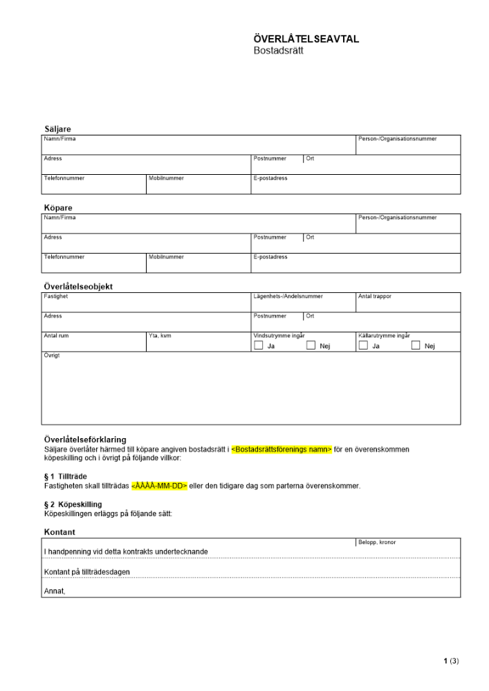 Överlåtelseavtal - Bostadsrätt
